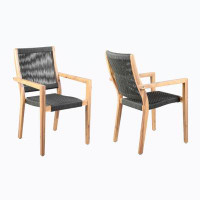 Wenty 27 Inch Wood Outdoor Dining Side Chair, Fishbone Weave, Set Of 2, Black