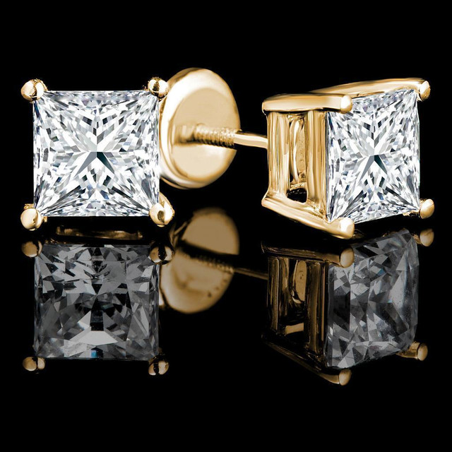 Princess Diamond Stud Earrings 2.00CTW /  Boucles d`oreilles en diamants 2.00 carat total in Jewellery & Watches in Greater Montréal