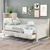 Gracie Oaks Twin Size Wooden Modern And Rustic Casual Style Daybed, Cream White