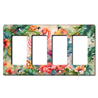 WorldAcc Metal Light Switch Plate Outlet Cover (Pink Flamingo Colourful Flowers Leaves - Quadruple Rocker)