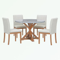 Red Barrel Studio 5-Piece Dining Table Set with Cross Bracket Pedestal and 4 Upholstered Chairs