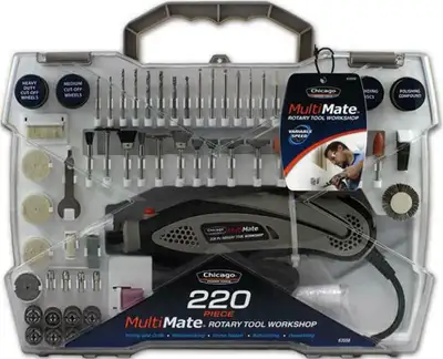 CHICAGO POWER TOOLS® 220-PIECE ROTARY TOOL KIT PERFECT FOR WOODWORKING, HOME REPAIRS, HOBBIES AND CR...