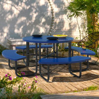 Hokku Designs Blue Outdoor Steel Picnic Dining Set,round Table With Umbrella Hole