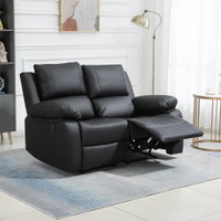 DOUBLE RECLINING LOVESEAT, PU LEATHER MANUAL RECLINER CHAIR WITH PULLBACK CONTROL FOOTREST FOR LIVING ROOM, BLACK