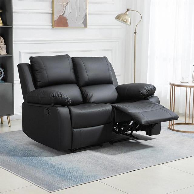 DOUBLE RECLINING LOVESEAT, PU LEATHER MANUAL RECLINER CHAIR WITH PULLBACK CONTROL FOOTREST FOR LIVING ROOM, BLACK in Couches & Futons