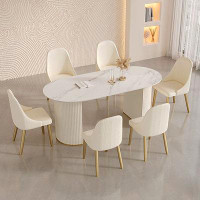 Everly Quinn 7-Piece Modern Light Luxury Cream Style Oval Rock Plate Dining Table Sets With 6 Chairs