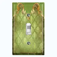 WorldAcc Metal Light Switch Plate Outlet Cover (Green Gold Frame Damask    - Single Toggle)