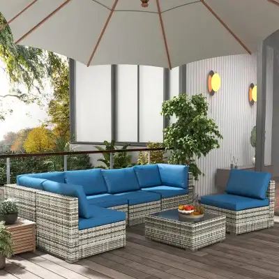 7pc PE Rattan Wicker Sectional Conversation Furniture Set w Cushions Outdoor Patio - Blue & Grey
