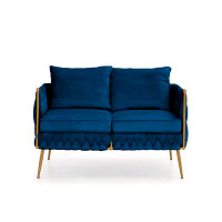 Everly Quinn Blue Velvet Sofa Set: Handmade Woven Back Upholstered 1 Accent Chair And 1 Loveseat Sofa - Modern Furniture