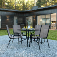 Lark Manor Elgin 5 Piece Patio Dining Set - Glass Table, 4 Flex Stack Chairs