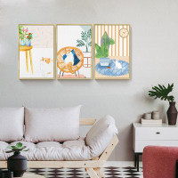 Bayou Breeze Plants And Cat Wall Art - 3 Piece Picture Aluminum Frame Print Set On Canvas, Wall Decor For Living Room Be