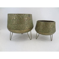 Bungalow Rose Set Of 2 Aged Copper Finish With Leaf Pattern On Metal Legs Planters