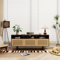 Bay Isle Home™ Vintage Charm: Retro Rattan TV Stand with 3-Door Media Console and Open Shelves