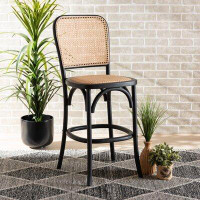 Bayou Breeze Siems Mid-Century Modern Brown Woven Rattan And Black Wood Cane Counter Stool