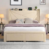 Ebern Designs Queen Size Upholstered Bed Frame with USB Charging Headboard and 2 Storage Drawers