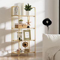 Everly Quinn Foldable 4 Tier Gold Metal Shelf - No Assembly Required Bookcase For Office And Home