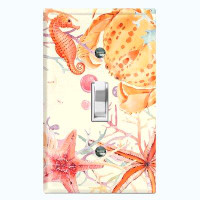 WorldAcc Metal Light Switch Plate Outlet Cover (Sea Horse Crab Star Fish Coral White  - Single Toggle)