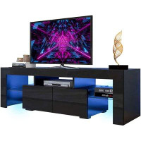 Orren Ellis Glossy Led Tv Stand For 65 Inch Tvs, Entertainment Centre With Led Lights, Black Tv Stand With Storage Drawe