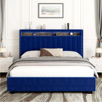 LQ Furniture Luxury Gas Lift Storage Bed With RF LED Lights, Storage Headboard ,FULL Size ,Velvet Blue