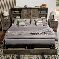 Millwood Pines Millwood Pines Full Size Wooden Platform Storage Bed Frame With 51.2" Wood Bookcase Headboard(Rustic Grey