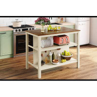 Ebern Designs Rubber Wood Butcher Block Dining Table Prep Table with 2 Open Shelves