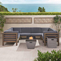 Brayden Studio Barnston Outdoor Modern 8 Seater Acacia Wood Sectional Sofa Set With Fire Pit And Tank Holder