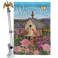 Breeze Decor Welcome Bird House - Impressions Decorative Aluminum Pole & Bracket Flag Set HS100049-BO-02