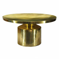 Everly Quinn 30 Inch Modern Classic Round Metal Coffee Table with Pedestal Base, Glossy Gold Brass