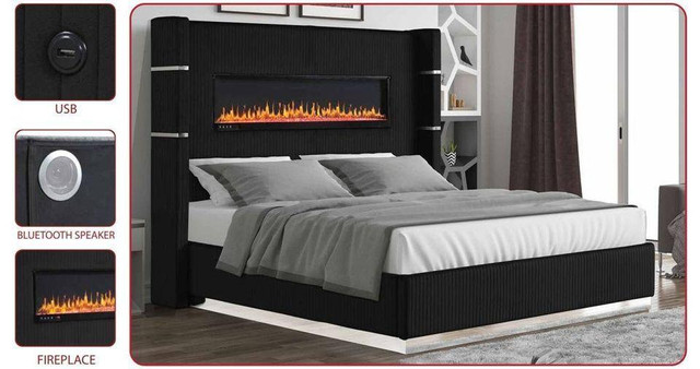 Spring Sale!!  Beautiful Grey Upholstered bed with Builtin Fireplace place &amp; Bluetooth speaker in Beds & Mattresses in Edmonton Area - Image 2