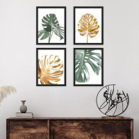 SIGNLEADER Tropical Jungle Monstera Set of 4 Green and Gold Wall Decor Framed Prints