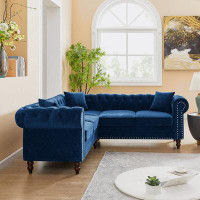 House of Hampton Deep Button Tufted Upholstered Roll Arm Luxury Classic Chesterfield L-shaped Sofa