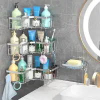 Rebrilliant Shower Caddy With Soap Holder,4 Pack Silvery Adhesive Shower Shelve With 20 Hooks,No Drilling Rustproof Wall
