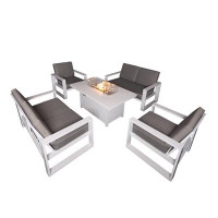Hokku Designs 5 Piece Patio Dining Set Fire Pit Table with 2 Armchair + 2 Loveseat
