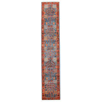 Home and Rugs Vintage Handmade 3X14 Blue And Red Anatolian Turkish Oushak Distressed Area Runner
