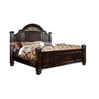 Simple Relax Wooden Queen Size Bed With Floral Design In Headboard, Dark Walnut