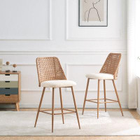 Bayou Breeze Rattan Counter Height Bar Stools Set Of 2, Upholstered Boucle Barstools With Rattan Back, 26 Inch Stools Ar