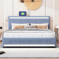 Wrought Studio Upholstered Bed with LED Light, 4 Drawers and a set of Type C and USB Ports