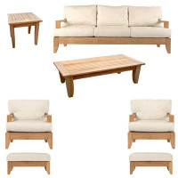 Teak Smith 7 Pc Sofa Set: Sofa,2 Lounge Chairs,2 Ottomans,Coffee & SideTable + Sunbrella #5404 Natural Cushions-33" H x