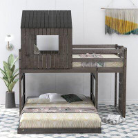 Gracie Oaks Wooden Twin Over Full Bunk Bed, Loft Bed With Playhouse, Farmhouse, Ladder And Guardrails For Kids, Toddlers