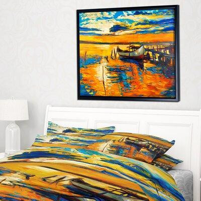 Made in Canada - East Urban Home 'Boat and Jetty at Sunset' Framed Oil Painting Print on Wrapped Canvas in Arts & Collectibles