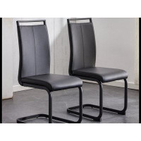 Ivy Bronx PU Faux Leather High Back Side Chair with C-shaped Tube Black Coating Metal Legs(Set of 2)