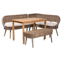 Wholesale Interiors Raisa Modern Bohemian Grey Washed Seagrass and Rattan Bench and Wood Table 4-piece Dining Nook Set