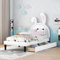 Zoomie Kids Twin Size Upholstered Leather Platform Bed with Rabbit Ornament and 2 Drawers, White