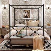 Gracie Oaks Cadre de lit à baldaquin pour grand lit en métal avec 4 colonnes et base avec tête de lit