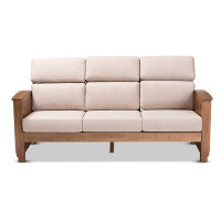 Ebern Designs Lefancy Katanna Modern Classic Mission Style Taupe Fabric UpholsteredWood 3-Seater Sofa