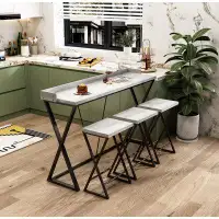 Gracie Oaks Kitchen Dining Table, Pub Table With X-Shaped Table Legs, Long Dining Table Set With 3 Stools