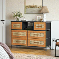 Ebern Designs Ulita Rattan 6 Drawer Dresser, TV Stand, 2 Outlets & 2 USB Ports and Fabric Drawers