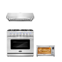 Cosmo 3 Piece Kitchen Package With 36" Freestanding Gas Range 36" Under Cabinet Range Hood & 20" Electric Air Fryer Toas