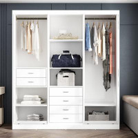 Ebern Designs Extra Large 78.7" H Wardrobe Armoire With Sliding Glass Doors, 2 Hanging Bars & 6 Drawers, Wooden Closet S