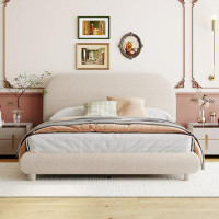 Latitude Run® Teddy Fleece Queen Size Upholstered Platform Bed Solid Frame And Stylish Curve-Shaped Design,Beige